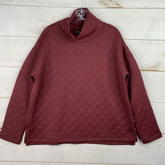 Eddie Bauer Sweater Women L Ascents Burgundy Quilted Pullover Mock Neck Top - Picture 1 of 9